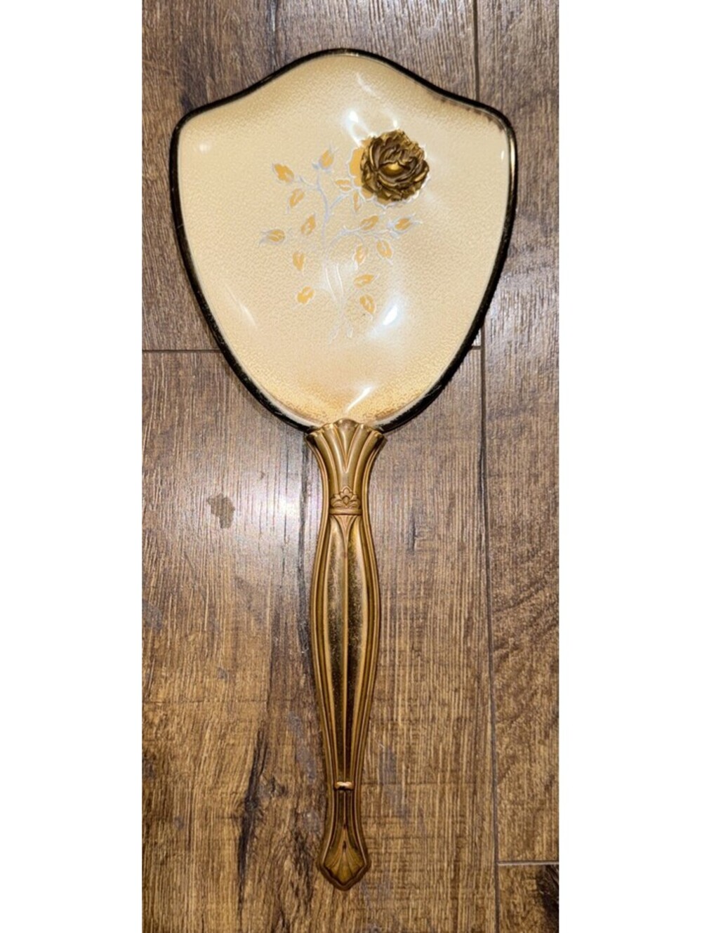 Vintage Gold Tone Hand Held Mirror 3D Rose Floral Vanity Dresser Mirror 13” MCM